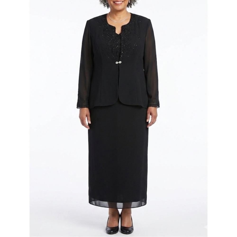 R&M RICHARDS Size 14 Black Event Dress Jacket Embroidered Beaded Two Piece Set